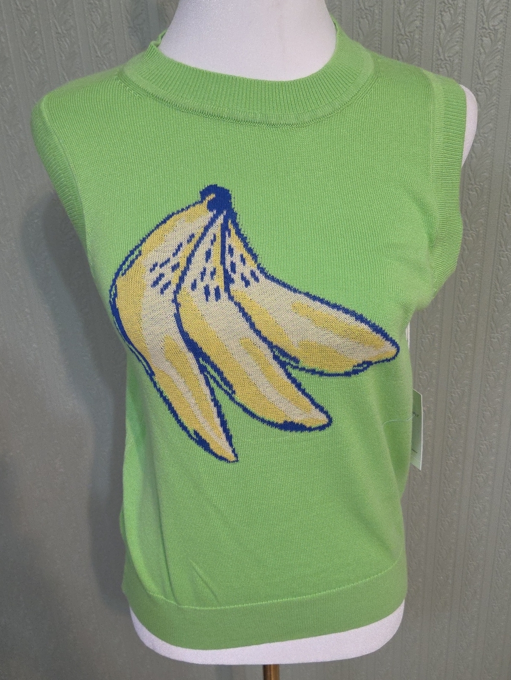 Womens Lime Green Sleeveless Sweater with Yellow Banana Graphic